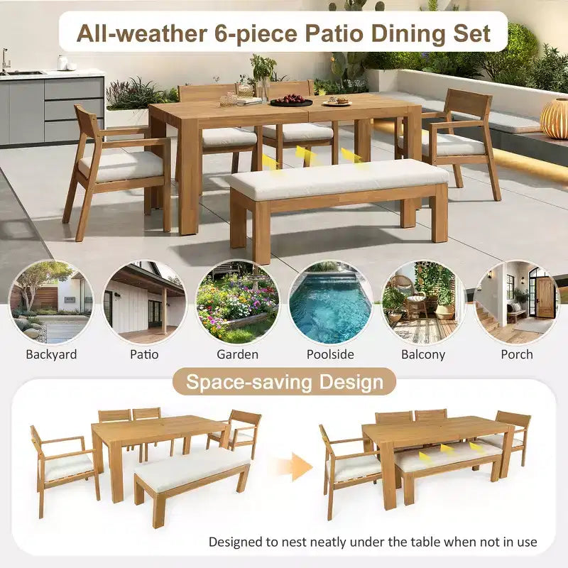 Ensemble de salle à manger Whisen pour 6 personnes, Mobilier d'extérieur avec trou pour parasol, table, chaises et banc