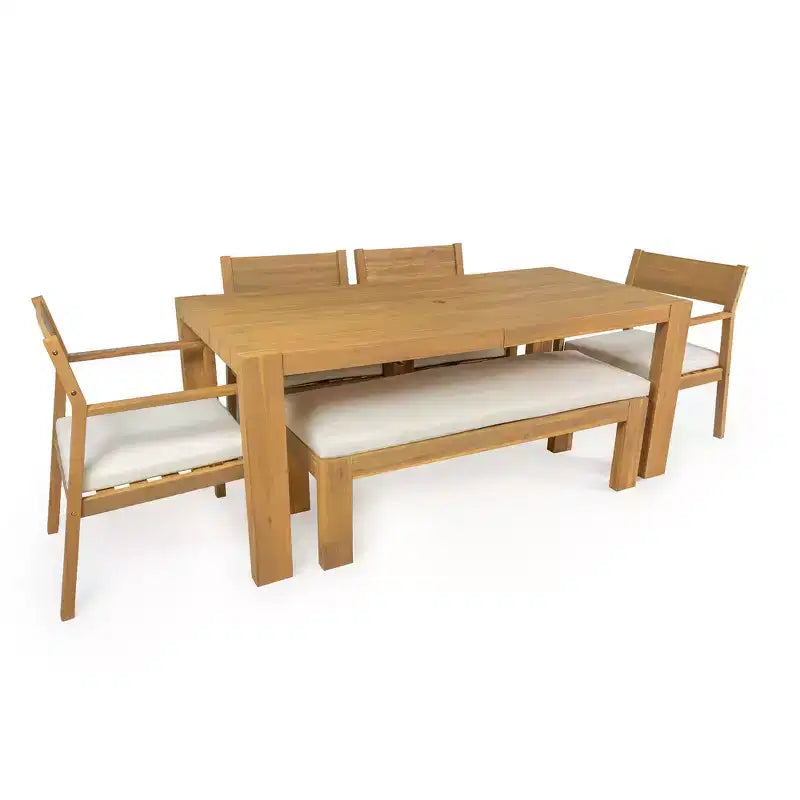 Ensemble de salle à manger Whisen pour 6 personnes, Mobilier d'extérieur avec trou pour parasol, table, chaises et banc