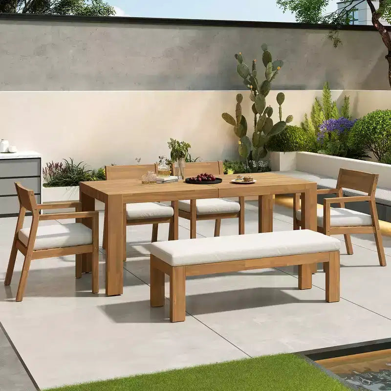 Whisen Patio Dining Table Set for 6, Outdoor Furniture Sets with Umbrella Hole, Table, Chairs and Bench