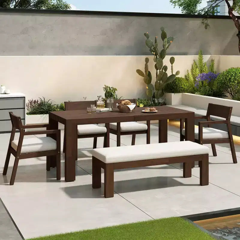 Ensemble de salle à manger Whisen pour 6 personnes, Mobilier d'extérieur avec trou pour parasol, table, chaises et banc
