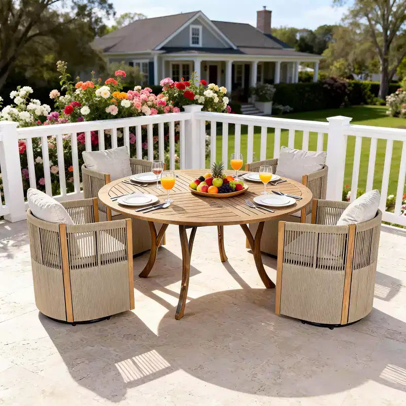 Christopher Knight Home Everett Set da pranzo moderno per patio da 5 pezzi in legno di acacia con tavolo rotondo e 4 sedie girevoli in corda