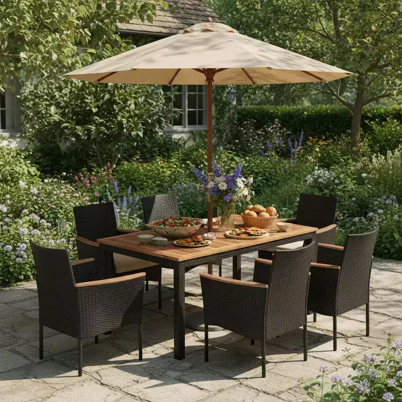 Gymax Set da Pranzo da Esterno 7 Pezzi con Sedie Imbottite con Braccioli, Superficie in Legno di Acacia, Foro per Ombrellone per Giardino, Cortile, Piscina