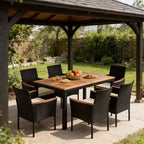 Gymax Set da Pranzo da Esterno 7 Pezzi con Sedie Imbottite con Braccioli, Superficie in Legno di Acacia, Foro per Ombrellone per Giardino, Cortile, Piscina