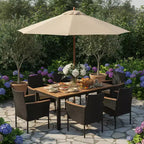 Gymax Set da Pranzo da Esterno 7 Pezzi con Sedie Imbottite con Braccioli, Superficie in Legno di Acacia, Foro per Ombrellone per Giardino, Cortile, Piscina