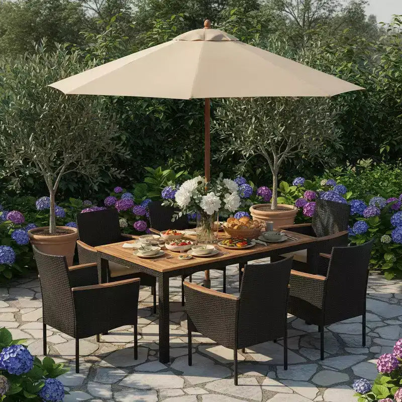 Gymax Set da Pranzo da Esterno 7 Pezzi con Sedie Imbottite con Braccioli, Superficie in Legno di Acacia, Foro per Ombrellone per Giardino, Cortile, Piscina