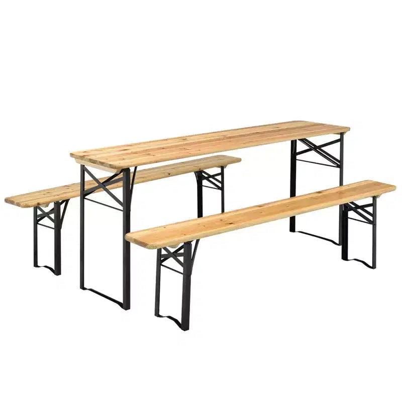 Gymax 3 PCS Wooden Folding Picnic Table and Bench Combo 70 Outdoor Beer Table w/ Seat for Garden Backyard Balcony