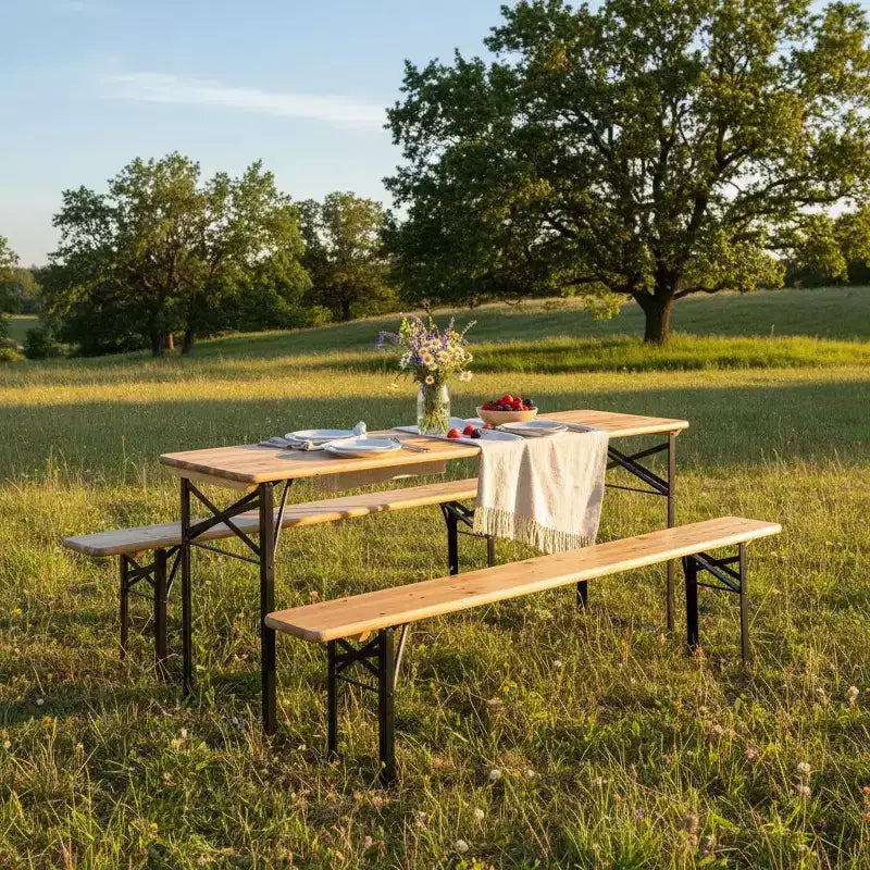 Gymax Ensemble Table de Pique-nique Pliante en Bois 3 Pièces avec Banc 70 Table de Bière Extérieure avec Siège pour Jardin Cour Arrière Balcon
