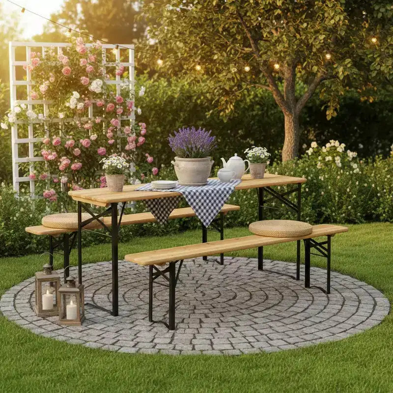 Gymax Ensemble Table de Pique-nique Pliante en Bois 3 Pièces avec Banc 70 Table de Bière Extérieure avec Siège pour Jardin Cour Arrière Balcon