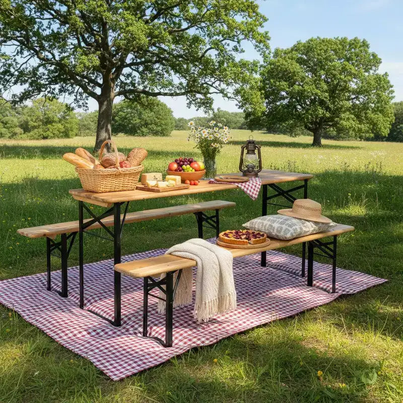 Gymax Ensemble Table de Pique-nique Pliante en Bois 3 Pièces avec Banc 70 Table de Bière Extérieure avec Siège pour Jardin Cour Arrière Balcon