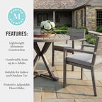 Set da patio in alluminio Martha Stewart Bedford da 5 pezzi, 4 poltrone da pranzo impilabili con cuscini, tavolo rotondo con base a cavalletto da 36 pollici, finitura spazzolata effetto legno