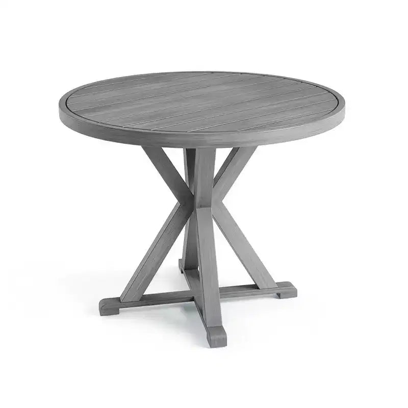 Set da patio in alluminio Martha Stewart Bedford da 5 pezzi, 4 poltrone da pranzo impilabili con cuscini, tavolo rotondo con base a cavalletto da 36 pollici, finitura spazzolata effetto legno