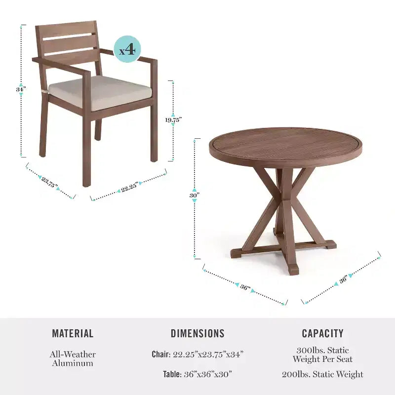 Set da patio in alluminio Martha Stewart Bedford da 5 pezzi, 4 poltrone da pranzo impilabili con cuscini, tavolo rotondo con base a cavalletto da 36 pollici, finitura spazzolata effetto legno
