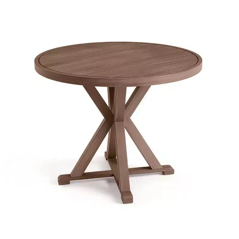 Set da patio in alluminio Martha Stewart Bedford da 5 pezzi, 4 poltrone da pranzo impilabili con cuscini, tavolo rotondo con base a cavalletto da 36 pollici, finitura spazzolata effetto legno