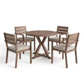 Martha Stewart Bedford 5 Piece Aluminum Patio Set, 4 Stackable Dining Armchairs with Cushions, 36 Round Trestle Base Table, Brushed Woodgrain Finish