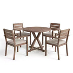 Martha Stewart Bedford 5 Piece Aluminum Patio Set, 4 Stackable Dining Armchairs with Cushions, 36 Round Trestle Base Table, Brushed Woodgrain Finish
