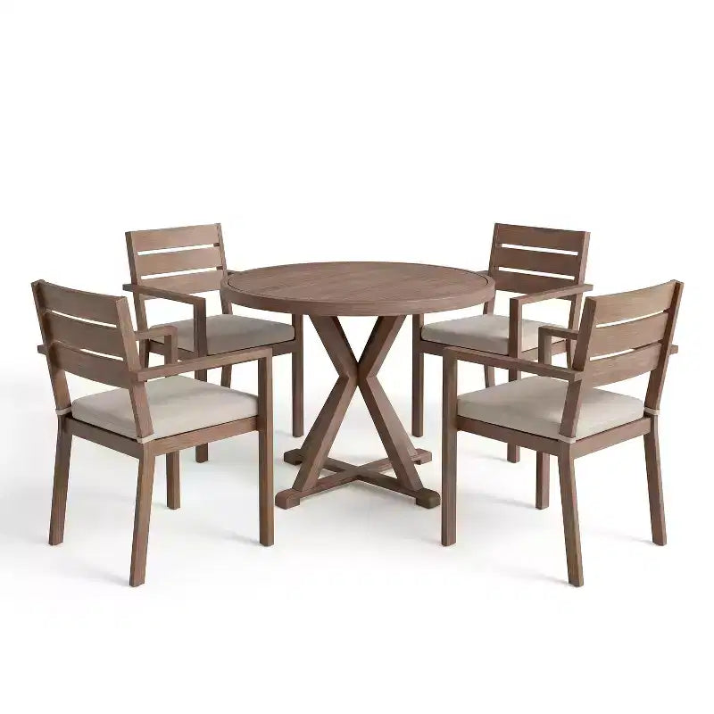 Martha Stewart Bedford 5 Piece Aluminum Patio Set, 4 Stackable Dining Armchairs with Cushions, 36 Round Trestle Base Table, Brushed Woodgrain Finish