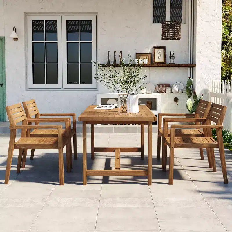 GDFStudio Lena Set da pranzo da esterno 5 pezzi in legno di acacia con tavolo rettangolare da 150 cm e foro per ombrellone