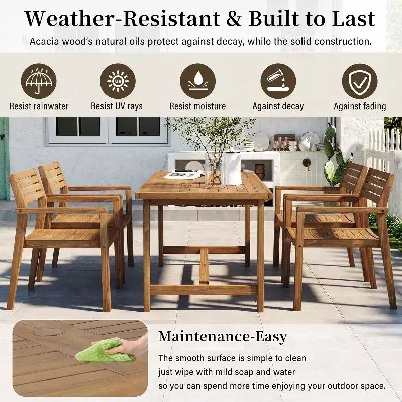 GDFStudio Lena Set da pranzo da esterno 5 pezzi in legno di acacia con tavolo rettangolare da 150 cm e foro per ombrellone