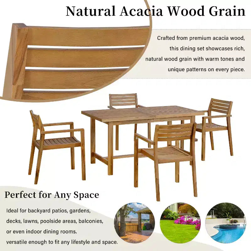 GDFStudio Lena Set da pranzo da esterno 5 pezzi in legno di acacia con tavolo rettangolare da 150 cm e foro per ombrellone