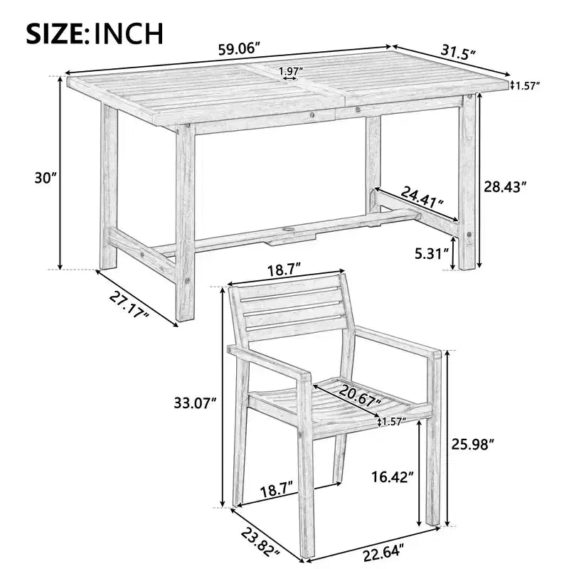 GDFStudio Lena Set da pranzo da esterno 5 pezzi in legno di acacia con tavolo rettangolare da 150 cm e foro per ombrellone