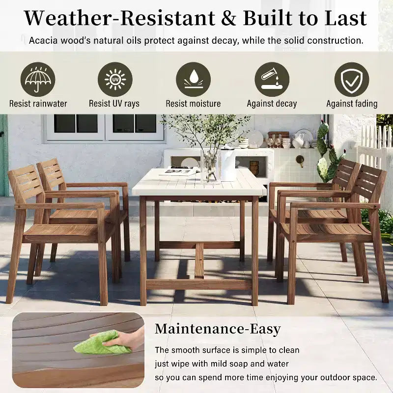 GDFStudio Lena Set da pranzo da esterno 5 pezzi in legno di acacia con tavolo rettangolare da 150 cm e foro per ombrellone