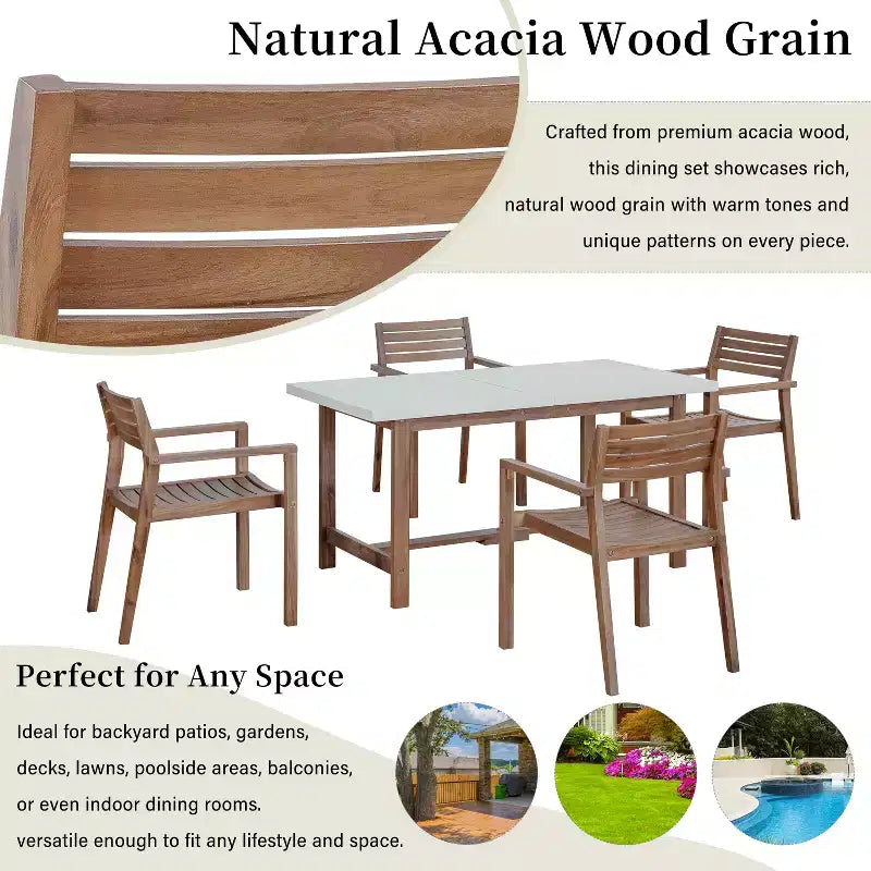 GDFStudio Lena Set da pranzo da esterno 5 pezzi in legno di acacia con tavolo rettangolare da 150 cm e foro per ombrellone