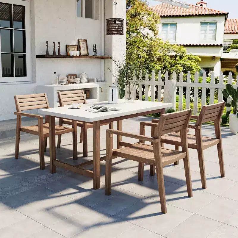 GDFStudio Lena Set da pranzo da esterno 5 pezzi in legno di acacia con tavolo rettangolare da 150 cm e foro per ombrellone