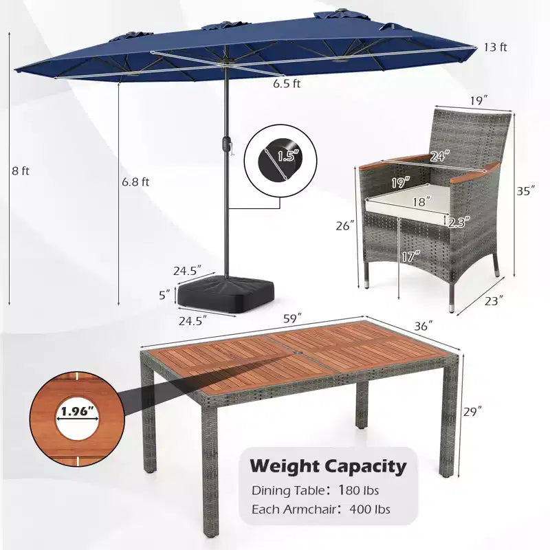 Gymax Set da Pranzo da Giardino 8 Pezzi con Ombrellone a Braccio Doppio e Piano in Legno di Acacia