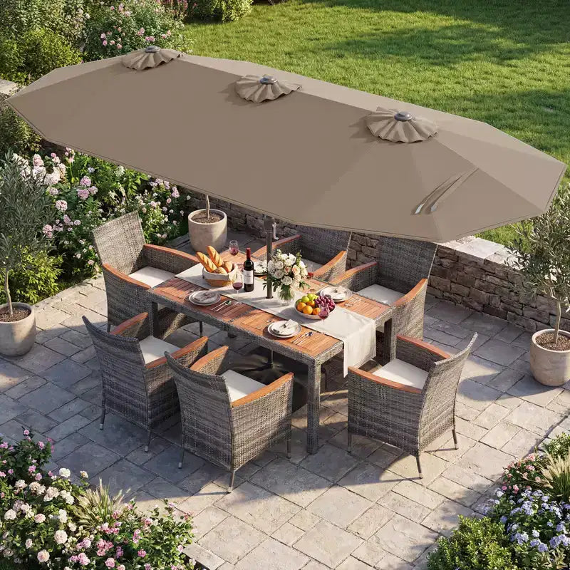 Gymax Set da Pranzo da Giardino 8 Pezzi con Ombrellone a Braccio Doppio e Piano in Legno di Acacia