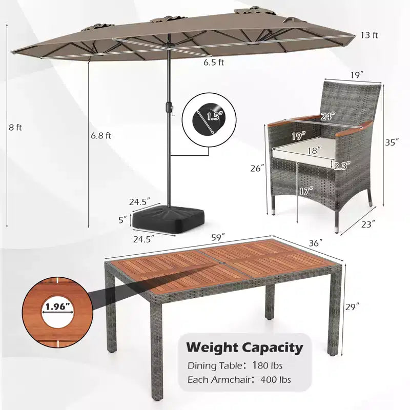 Gymax Set da Pranzo da Giardino 8 Pezzi con Ombrellone a Braccio Doppio e Piano in Legno di Acacia
