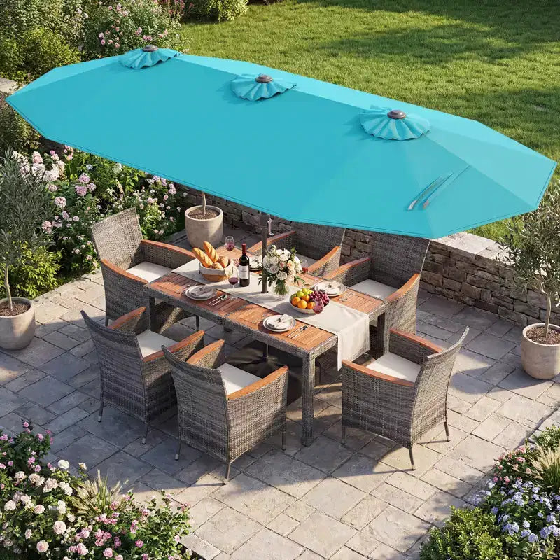 Gymax Set da Pranzo da Giardino 8 Pezzi con Ombrellone a Braccio Doppio e Piano in Legno di Acacia