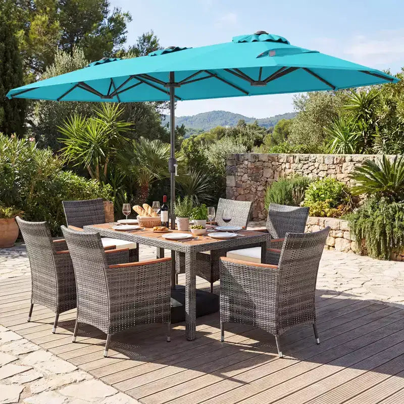 Gymax Set da Pranzo da Giardino 8 Pezzi con Ombrellone a Braccio Doppio e Piano in Legno di Acacia