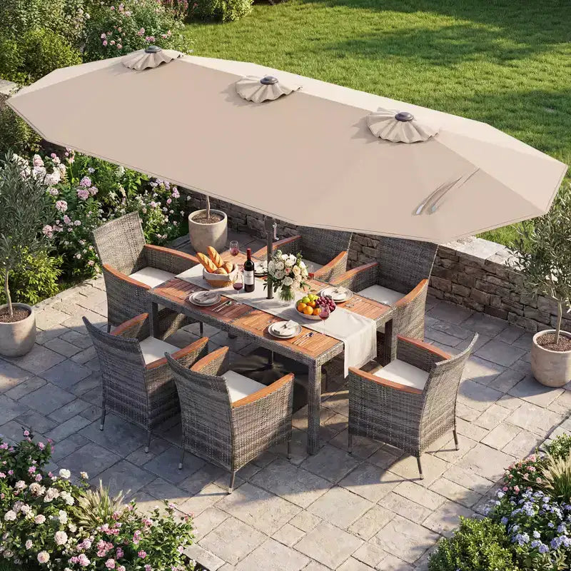 Gymax Set da Pranzo da Giardino 8 Pezzi con Ombrellone a Braccio Doppio e Piano in Legno di Acacia