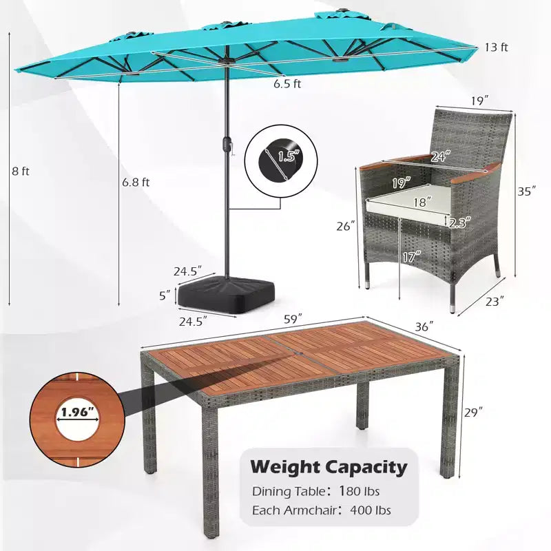 Gymax Set da Pranzo da Giardino 8 Pezzi con Ombrellone a Braccio Doppio e Piano in Legno di Acacia