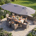 Gymax Set da Pranzo da Giardino 8 Pezzi con Ombrellone a Braccio Doppio e Piano in Legno di Acacia