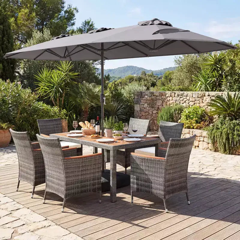 Gymax Set da Pranzo da Giardino 8 Pezzi con Ombrellone a Braccio Doppio e Piano in Legno di Acacia