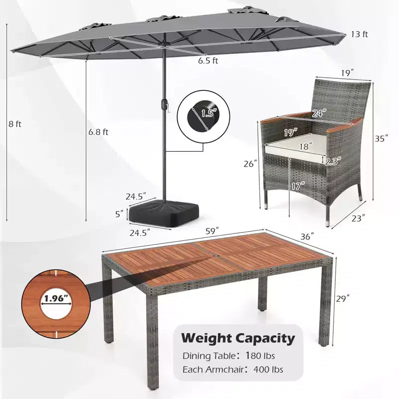 Gymax Set da Pranzo da Giardino 8 Pezzi con Ombrellone a Braccio Doppio e Piano in Legno di Acacia