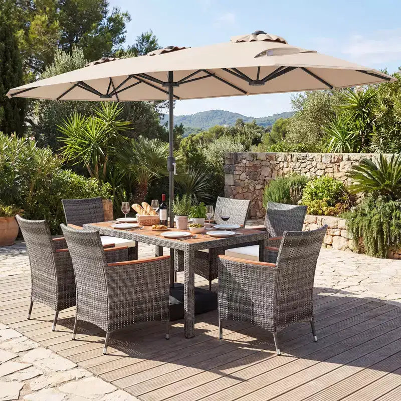 Gymax Set da Pranzo da Giardino 8 Pezzi con Ombrellone a Braccio Doppio e Piano in Legno di Acacia