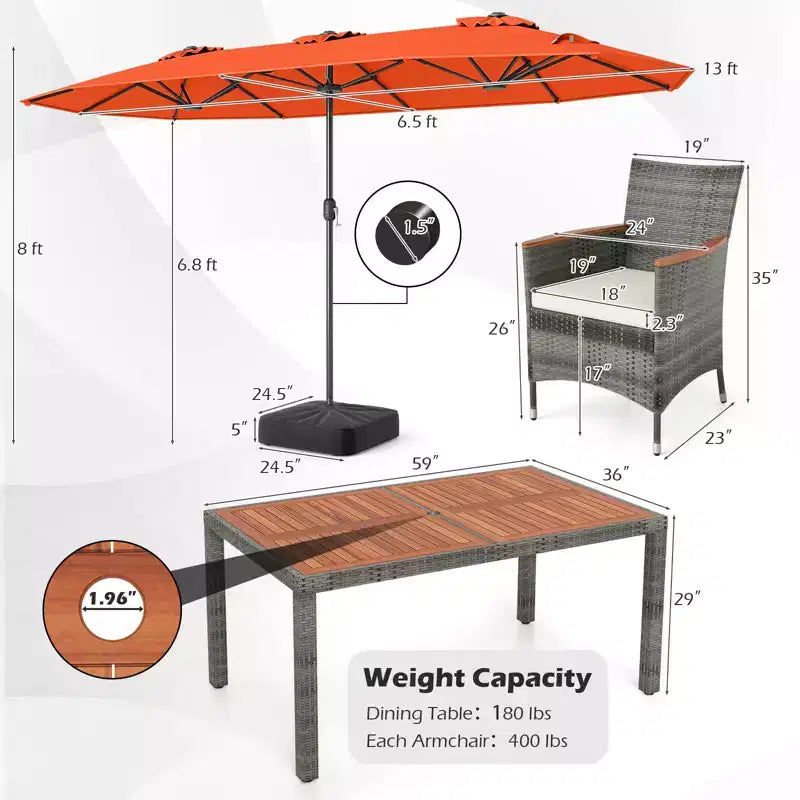 Gymax Set da Pranzo da Giardino 8 Pezzi con Ombrellone a Braccio Doppio e Piano in Legno di Acacia