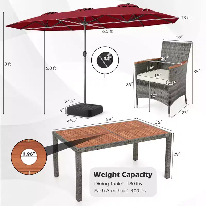 Gymax Set da Pranzo da Giardino 8 Pezzi con Ombrellone a Braccio Doppio e Piano in Legno di Acacia