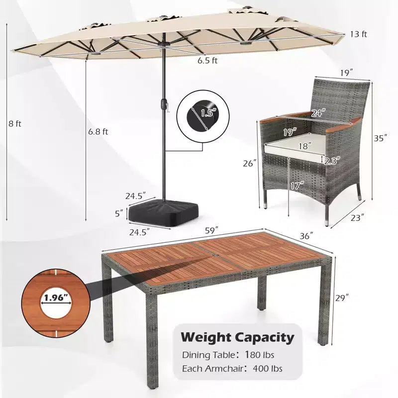 Gymax Set da Pranzo da Giardino 8 Pezzi con Ombrellone a Braccio Doppio e Piano in Legno di Acacia