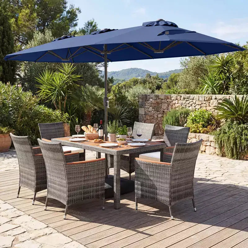 Gymax Set da Pranzo da Giardino 8 Pezzi con Ombrellone a Braccio Doppio e Piano in Legno di Acacia
