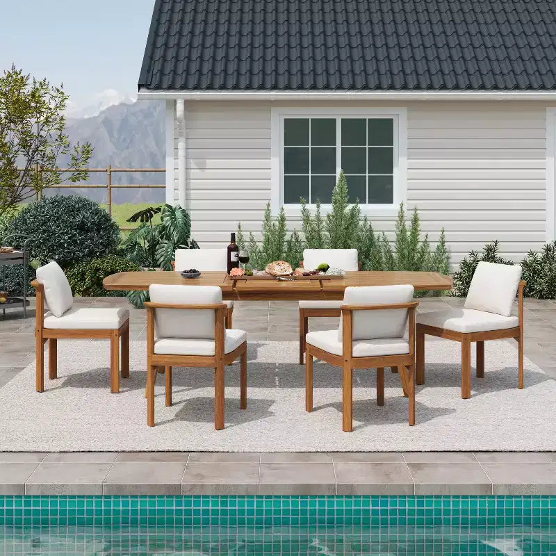 Christopher Knight Home Harrison, ensemble de salle à manger moderne de 7 pièces en bois d'acacia extensible avec table et chaises rembourrées, pour patio