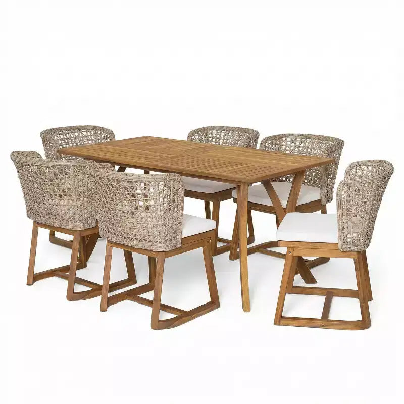 Christopher Knight Home Priya Ensemble de salle à manger d'extérieur 7 pièces moderne en acacia avec chaises en osier naturel et table à lattes