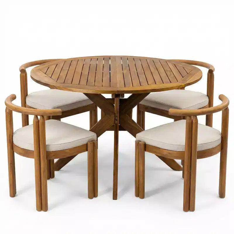 Christopher Knight Home Torin, ensemble de salle à manger d'extérieur 5 pièces en bois d'acacia rustique avec coussins et table à lattes