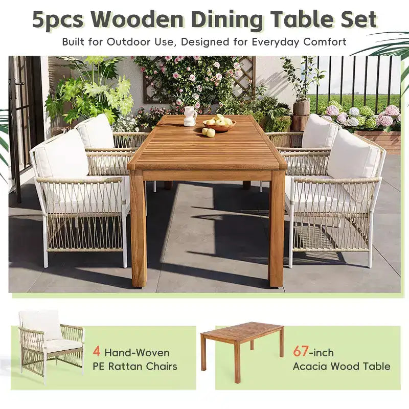 Set da pranzo da esterno 5/7 pz Mobili da pranzo da patio con 4/6 sedie a sdraio in rattan e tavolo in legno di acacia resistente alle intemperie, naturale - ModernLuxe