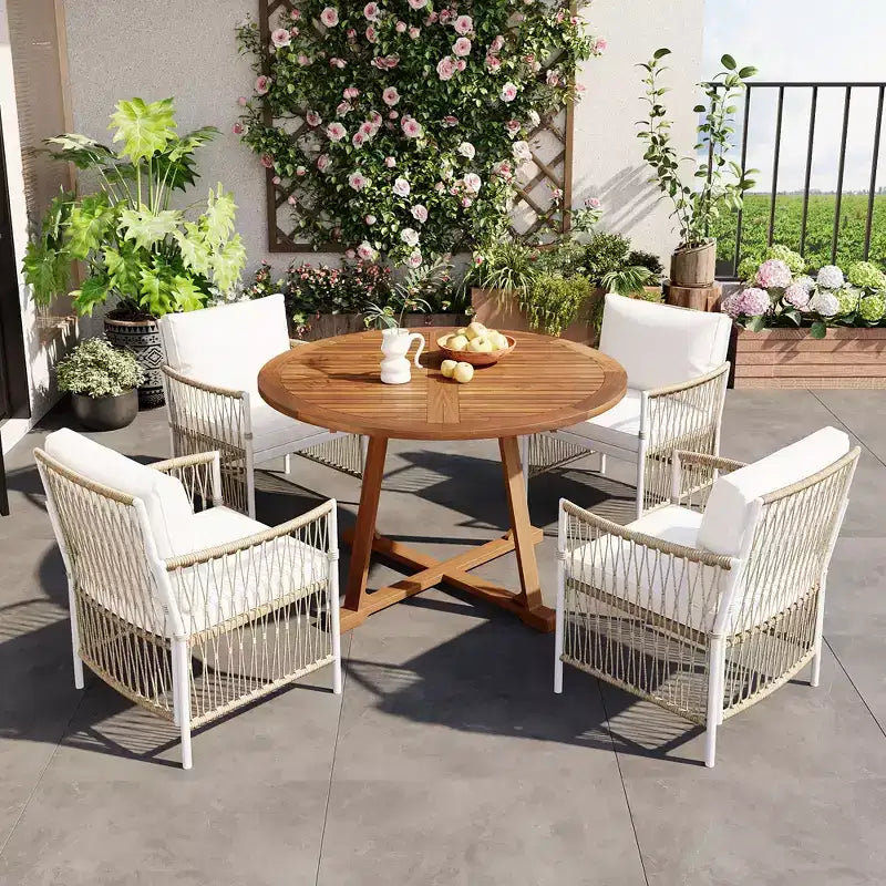 Set da pranzo da esterno 5/7 pz Mobili da pranzo da patio con 4/6 sedie a sdraio in rattan e tavolo in legno di acacia resistente alle intemperie, naturale - ModernLuxe