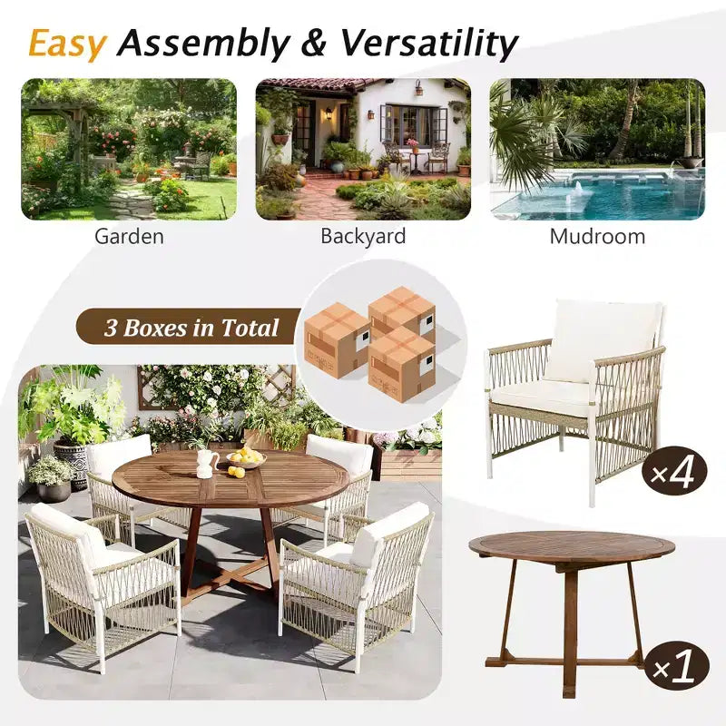 Set da pranzo da esterno 5/7 pz Mobili da pranzo da patio con 4/6 sedie a sdraio in rattan e tavolo in legno di acacia resistente alle intemperie, naturale - ModernLuxe