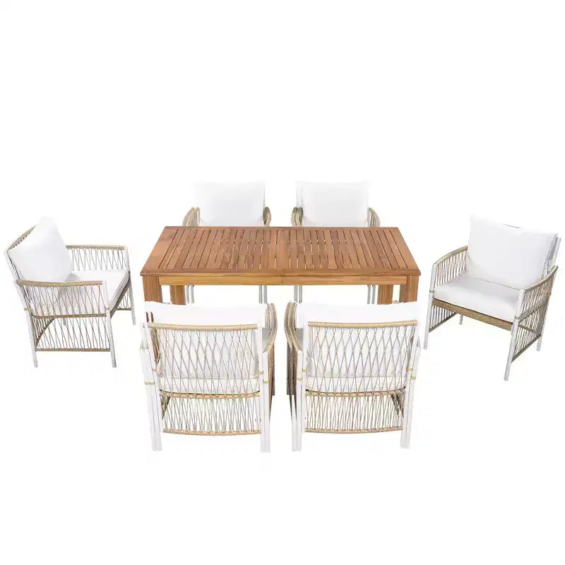 Set da pranzo da esterno 5/7 pz Mobili da pranzo da patio con 4/6 sedie a sdraio in rattan e tavolo in legno di acacia resistente alle intemperie, naturale - ModernLuxe