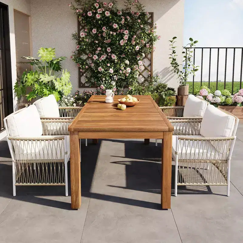 Set da pranzo da esterno 5/7 pz Mobili da pranzo da patio con 4/6 sedie a sdraio in rattan e tavolo in legno di acacia resistente alle intemperie, naturale - ModernLuxe